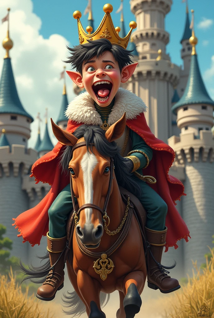 crazy king, Youngh, with crown, cross-eyed, cloused mouth, showing the tongue, riding the crazy horse, castle in the background