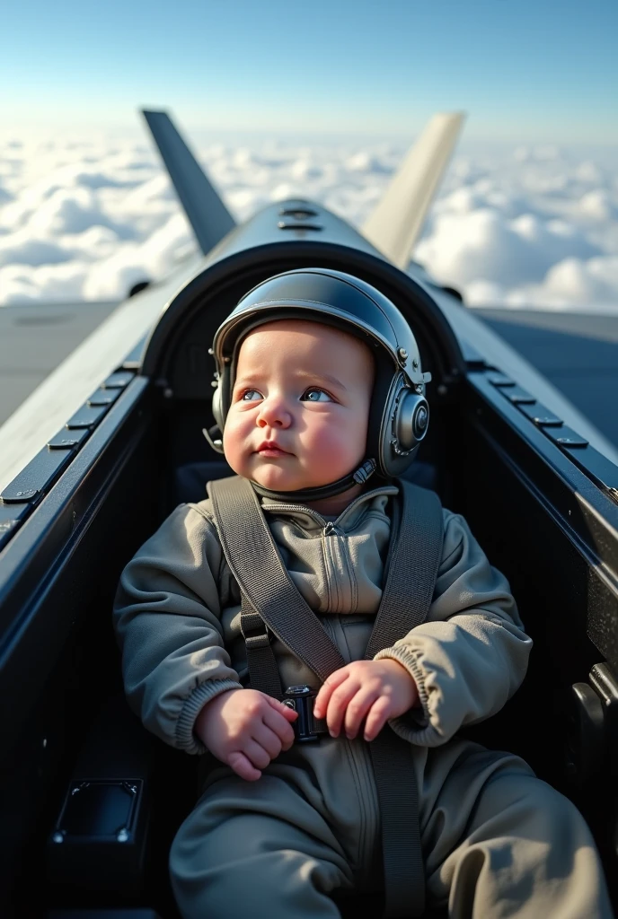 Newborn wearing a fighter pilot suit flying an F-35 aircraft. A photo from the cockpit of the aircraft, as real as in real life.