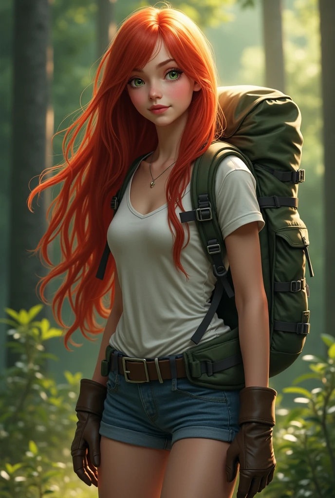 masterpiece), 1girl, best quality, expressive green eyes, perfect face, long red hair, full body, magnificent breasts, hiking, backpack, hiking boots, forest