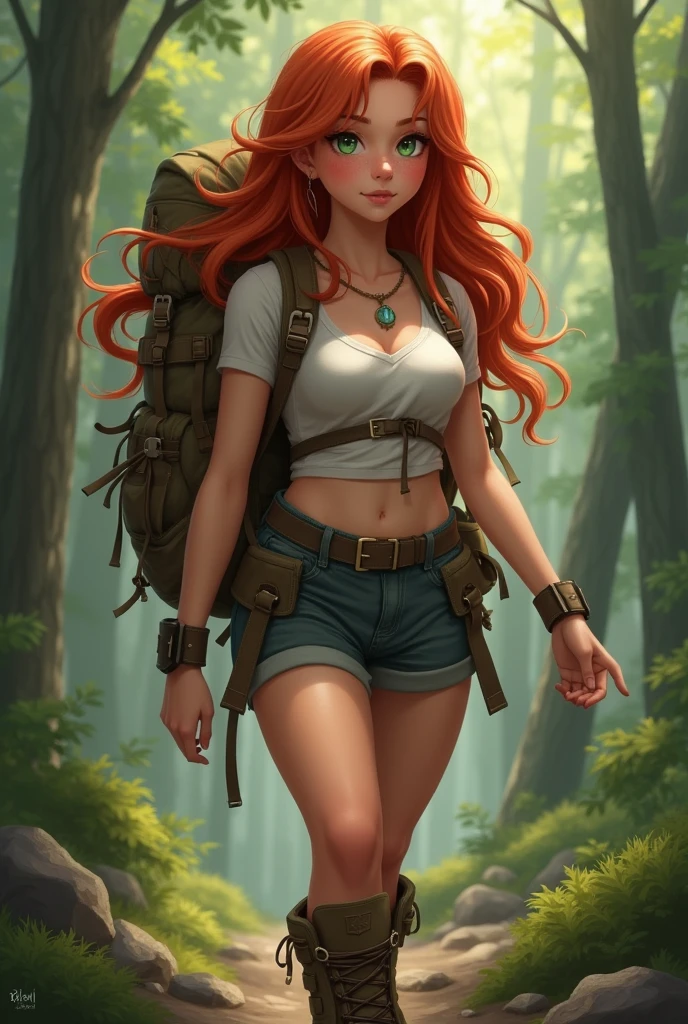 masterpiece), 1girl, best quality, expressive green eyes, perfect face, long red hair, full body, magnificent breasts, hiking, backpack, hiking boots, forest