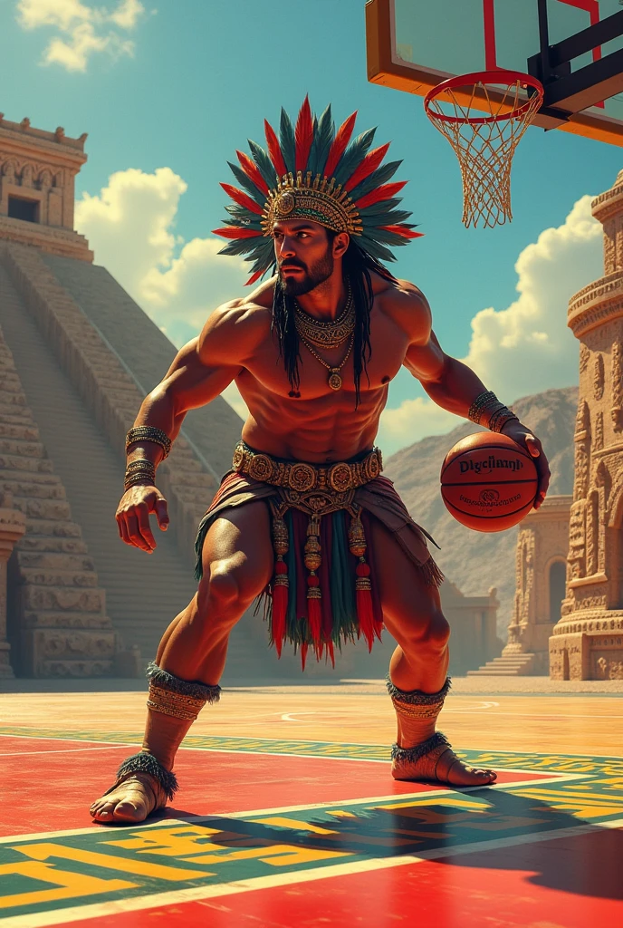 Aztec warrior playing basketball