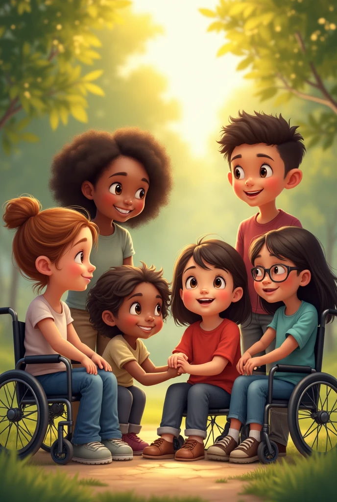 group of children of different ethnicities and with disabilities forming a circle