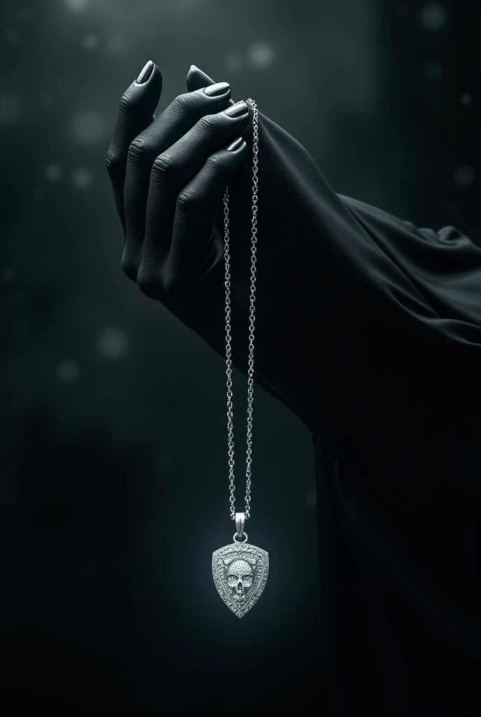 Silver chain set with diamonds suspended by a black hand with the standing reaper medals all in diamonds 