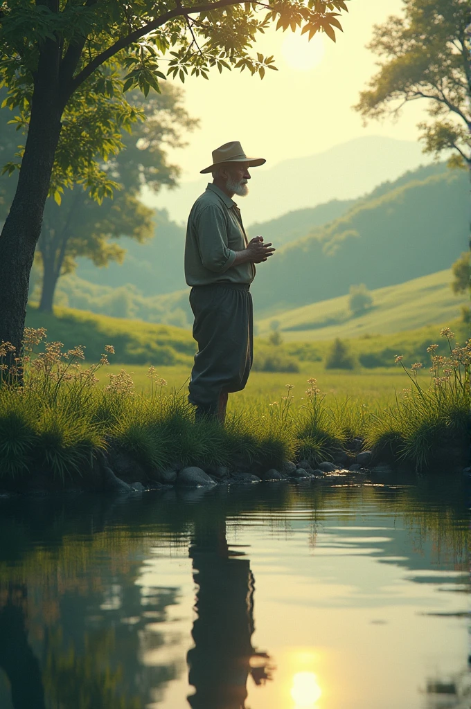 Upon reaching the pond, the farmer makes his wish.