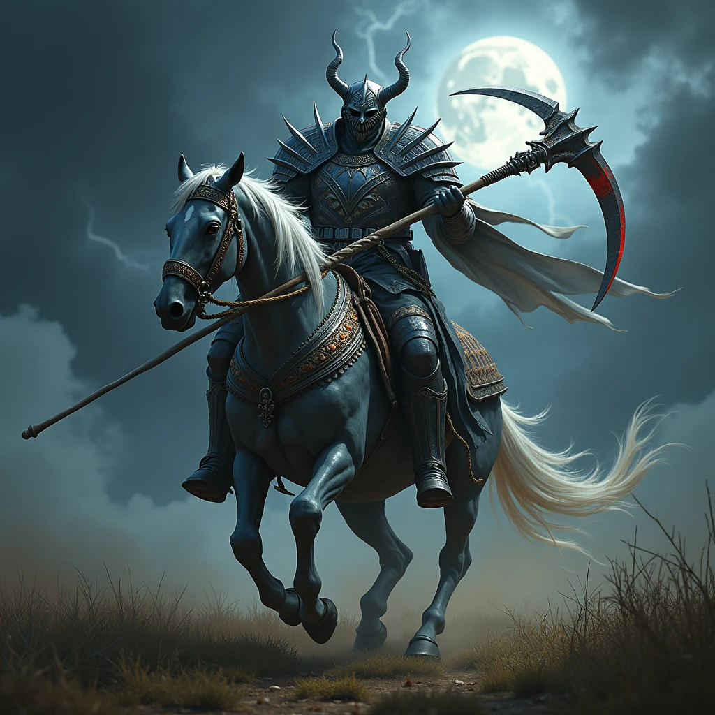 A realistic, ultra-detailed photograph of a male demonic scarecrow, wearing magnificent silver and cloth armor and an intimidating mask. Determinedly grabbing a scythe-like weapon, he charges into a grisly field with his horse, while vibrant lightning illuminates the entire photo, enhancing his fierce pose. The name “FarmMasteR” is displayed prominently in gothic letters behind him, illuminated by the glow of the moon.