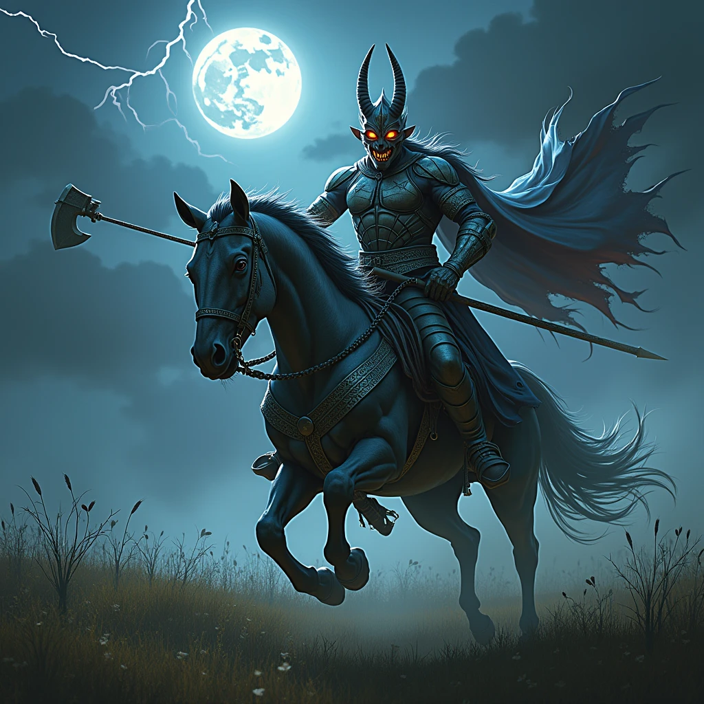 A realistic, ultra-detailed photograph of a male demonic scarecrow, wearing magnificent silver and cloth armor and an intimidating mask. Determinedly grabbing a scythe-like weapon, he charges into a grisly field with his horse, while vibrant lightning illuminates the entire photo, enhancing his fierce pose. The name “FarmMasteR” is displayed prominently in gothic letters behind him, illuminated by the glow of the moon.