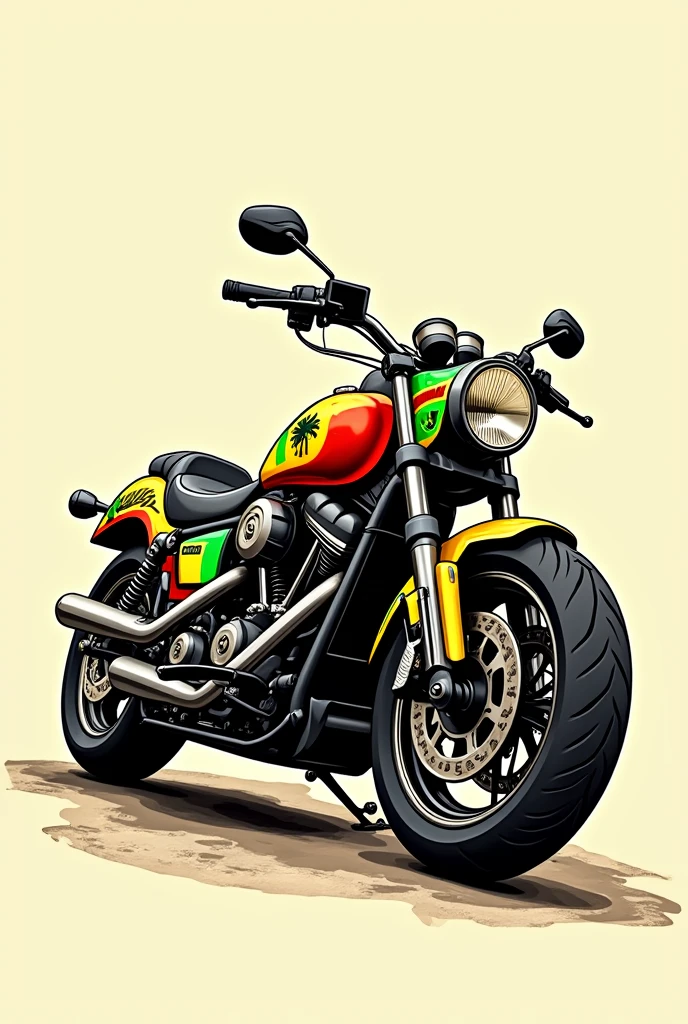 Yellow, red, green and black rasta motorcycle drawing in side position