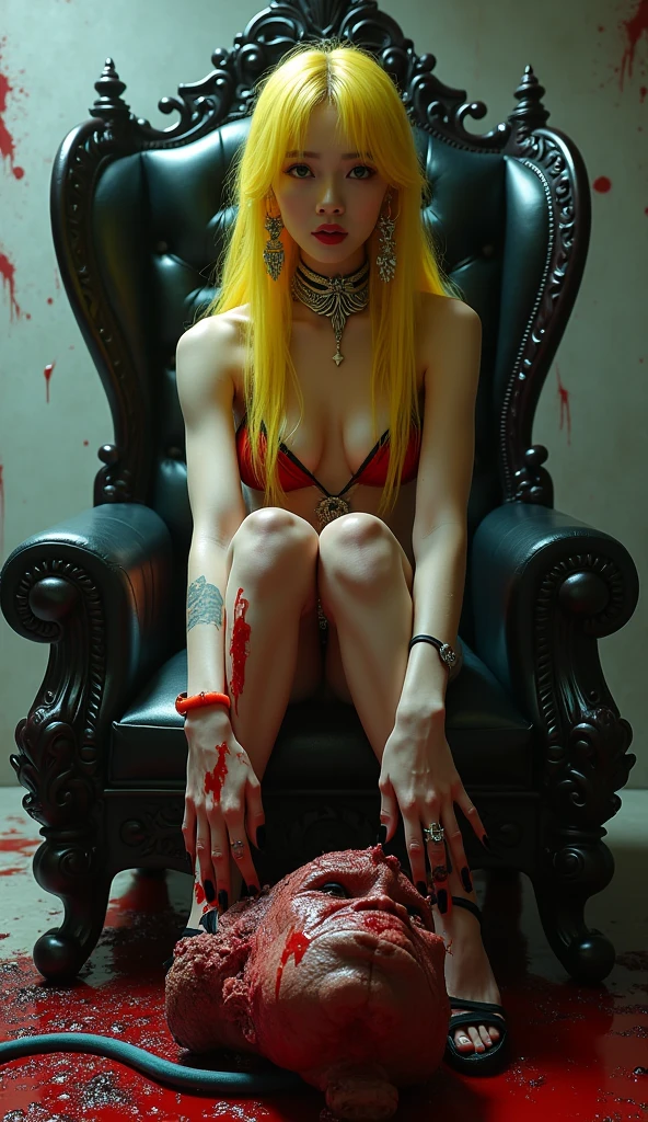 (((photorealistic:1.4))), ultra realistic, pores, (((masterpiece))),high quality, ultra details, realistic white skin beautiful face pretty korean idol girl showing very long sharp black shiny fingernails, random expression, sexy model dominatrix pose, very pretty, vein on hands, wearing sexy bloody outfit, ring on fingers, long yellow hair,  long earrings, big necklace, sitting on the throne with high heels stepping on tired expression of realistic ugly old man head tied up on the floor with throat ripped, show organs, get burned, no hands and legs, hose on the body, scratch mark, blood splatter everywhere, no hands and legs, extreme gore, looking at camera, night, luxury throne, modern kingdom, high key, bright, vagina smothering, side view