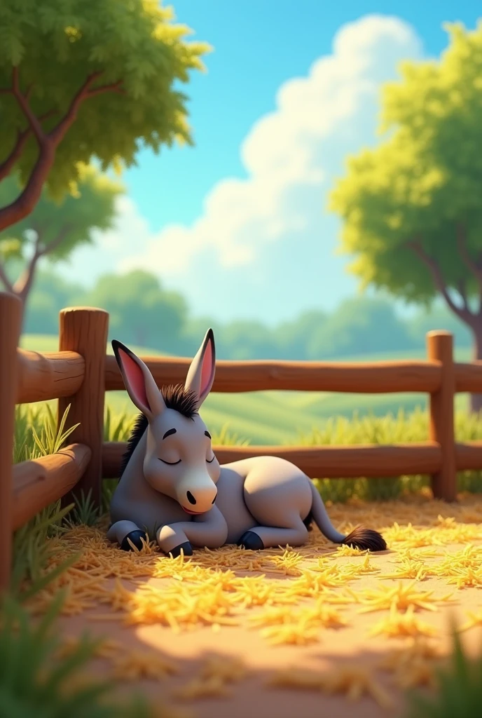 A donkey lying and sleeping on a pile of straw in a corner of a farm pen. The corral is surrounded by a wooden fence, and in the background you can see trees and a clear blue sky with soft morning light. in pixar style