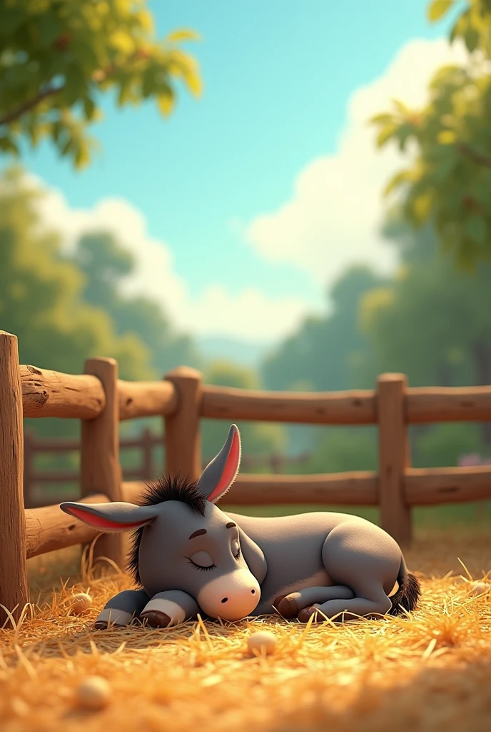 A donkey lying and sleeping on a pile of straw in a corner of a farm pen. The corral is surrounded by a wooden fence, and in the background you can see trees and a clear blue sky with soft morning light. in pixar style