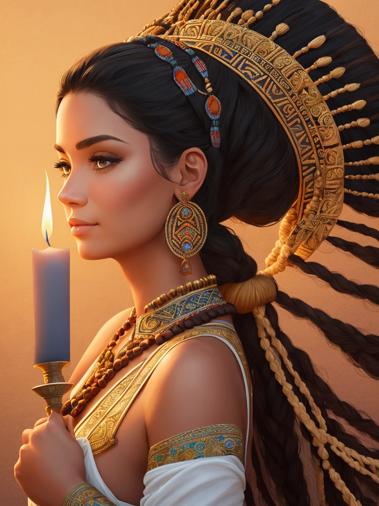 .A detailed and realistic illustration of a woman with both shoulders exposed, leaning slightly forward while holding a candle. Her facial features are distinctly Mayan, with pronounced cheekbones, almond-shaped eyes, and a strong, straight nose. Her long, dark hair flows down her back, framing her face perfectly. She wears a traditional robe with intricate patterns, but the focus is on her face, capturing the beauty and strength of Mayan heritage. The background is a warm, soft gradient that draws attention to her expressive, detailed features. The image should be a masterpiece with every detail meticulously crafted to highlight her Mayan ancestry."

