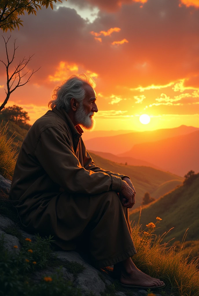 The old man is left alone in nature watching the sunset