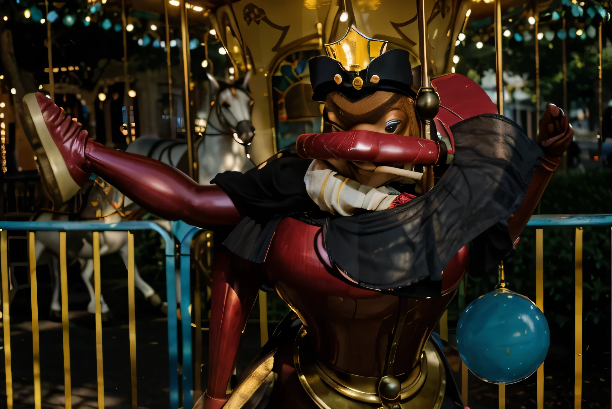(Best quality, 8k, 32k, Masterpiece, UHD:1.2) ((carousel)) ((horses)) Transform the scene into a whimsical wonderland theme park, inspired by a fantastical dreamscape. The park is filled with vibrant, oversized elements like giant candy canes, towering mushroom-shaped rides, and colorful, twisting paths. The atmosphere is filled with a magical aura, with sparkling lights hanging from whimsical, curved lampposts that illuminate the entire park. The sky above is a soft, pastel hue, with fluffy clouds that seem almost close enough to touch.
In the distance, a grand castle with intricate, swirling patterns and stained glass windows towers over the park, resembling something out of a fairy tale. The ground is covered with a mix of cobblestones and soft grass, blending seamlessly together. Carousel horses come alive with vibrant colors, and the air is filled with the soft, joyful music of a distant calliope. The park is dotted with fantasy-themed attractions, such as a tea party ride with giant teacups, a maze of hedges with hidden surprises, and a magical river flowing with shimmering, sparkling water. The whole setting exudes a sense of wonder and enchantment, inviting visitors into a world of endless imagination.