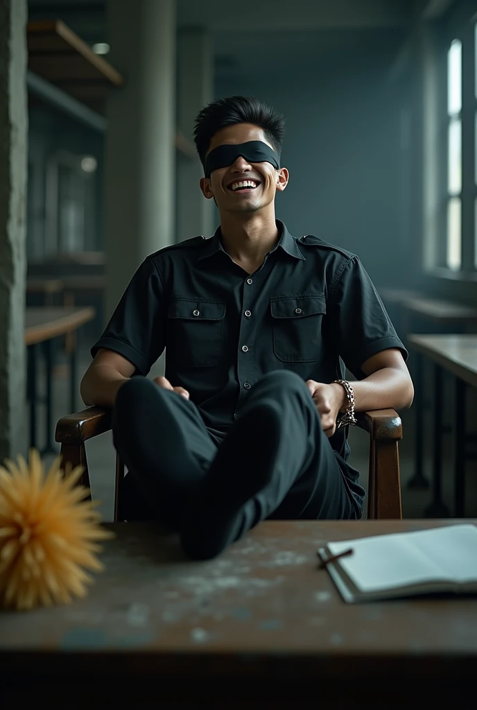 Malaysia malay handsome  19 years student 
He laugh very hard
His hand handcuff in  abondon warehouse 
Blindfolded
handcuff
Black Work Outfit
feet on desk
feather duster on desk
Take off shoes on desk 
Black sock  
2 man holding feather duster 

