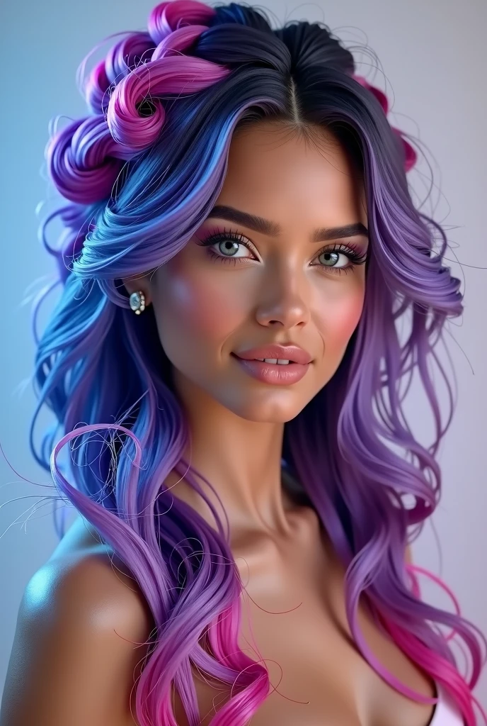 Create a high-definition, attention-grabbing image of a stunning woman with beautifully detailed and colorful hair. Her hairstyle should be elaborate, with vibrant shades like electric blue, deep purple, and neon pink, flowing smoothly in soft curls and intricate braids. The woman's face should exude confidence and elegance, with flawless skin, captivating eyes, and subtle makeup that enhances her natural beauty. The overall style should be modern and chic, with the hair as the central focus, reflecting creativity and boldness. The background should be simple and soft to make the colors and details of her hair stand out even more.