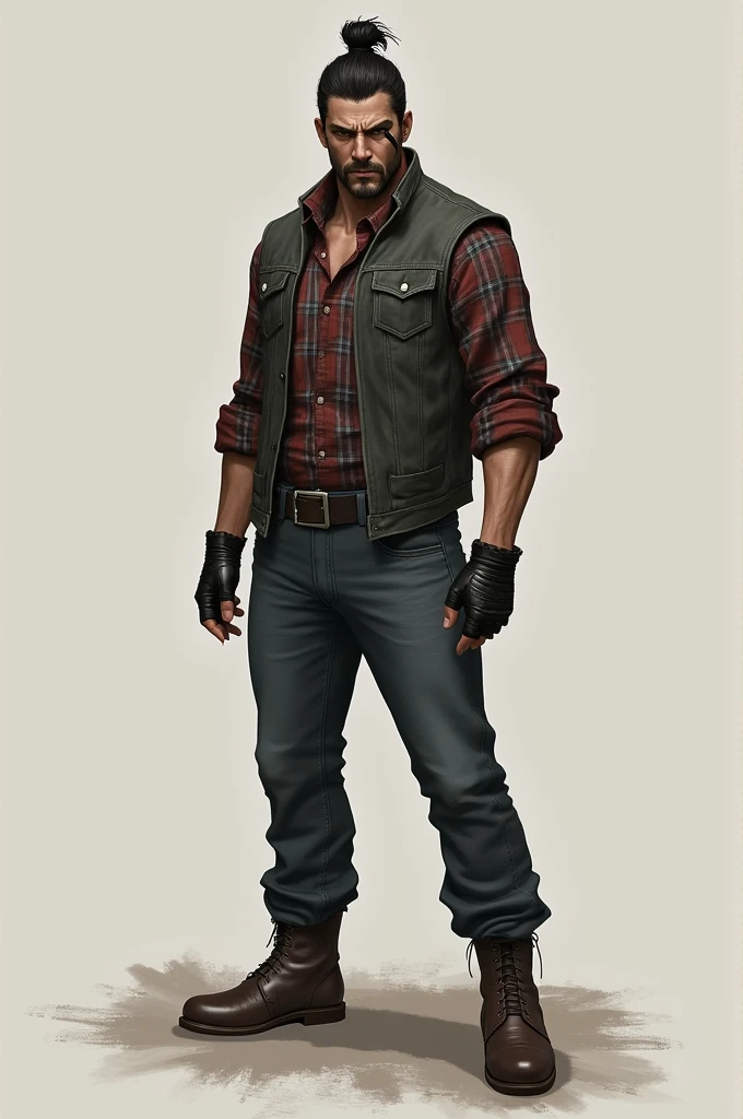A black haired man with a samurai bun, with a scar that runs from eye level to his forehead, wearing a plaid shirt and a denim vest, jeans and leather boots