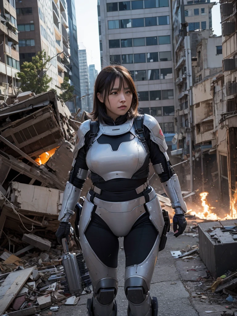 Female soldier in a robot suit fighting in a city completely destroyed by war,Plump,