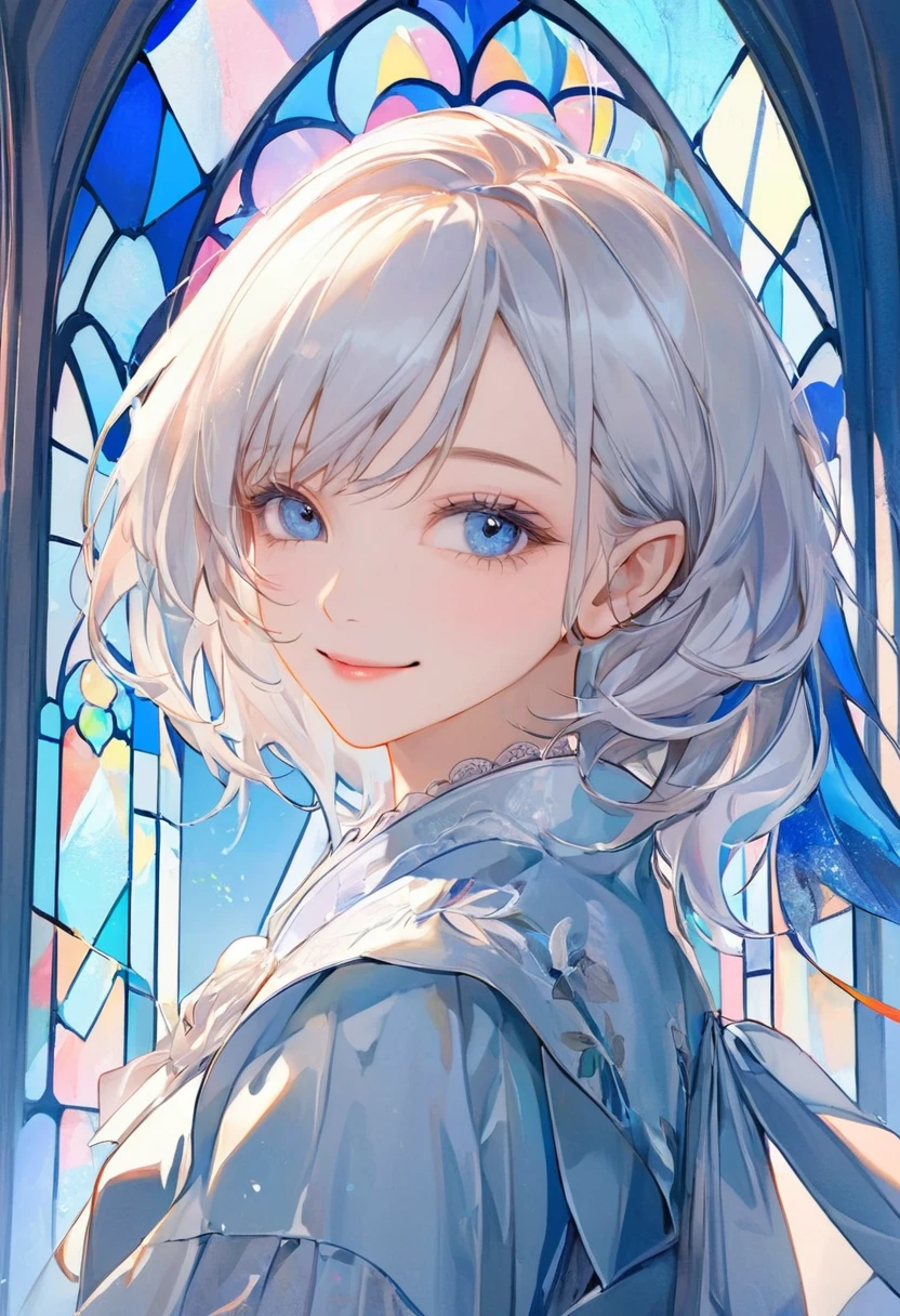 (Pastel color theme art),(Highest quality),(masterpiece),(1 girl),(alone),Delicately painted face,Girl with a beautiful face,Beautiful and elegant blue eyes,Beautiful detailed blue transparent fashion,((White and blue outfit)),(Beautiful silky white hair:1.3),Pale skin,Beautiful artistic illustration,Blue Theme,Beautiful smile,front,Wide Shot,Flat Color,Soft gradient,(Standing in front of a pastel blue stained glass wall),(Stained glass is only blue),Mysterious colors and atmosphere,Glitch Art,Pale-white light particles,