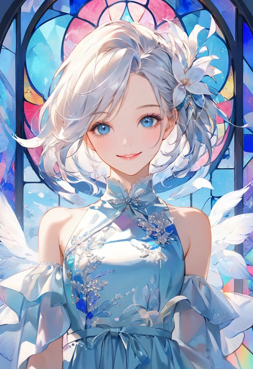 (Pastel color theme art),(Highest quality),(masterpiece),(1 girl),(alone),Delicately painted face,Girl with a beautiful face,Beautiful and elegant blue eyes,Beautiful detailed blue transparent fashion,((White and blue outfit)),(Beautiful silky white hair:1.3),Pale skin,Beautiful artistic illustration,Blue Theme,Beautiful smile,front,Wide Shot,Flat Color,Soft gradient,(Standing in front of a pastel blue stained glass wall),(Stained glass is only blue),Mysterious colors and atmosphere,Glitch Art,Pale-white light particles,