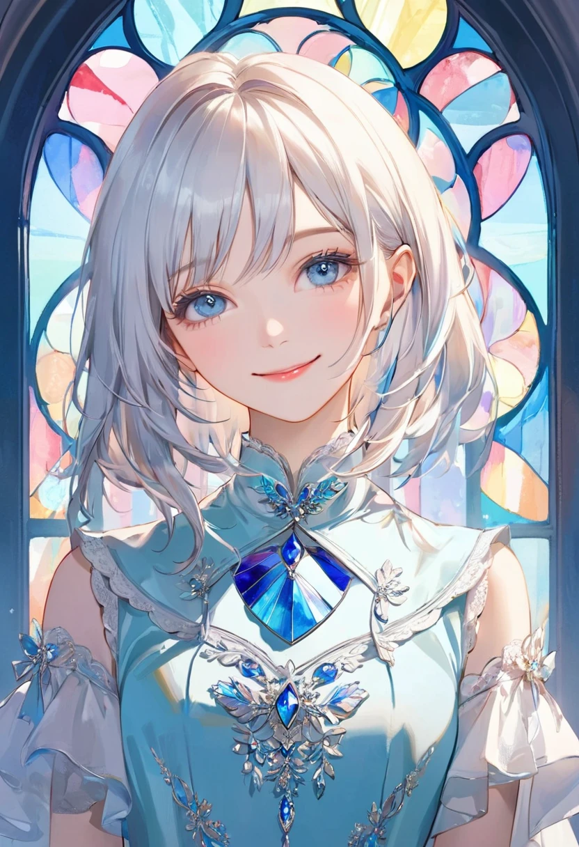 (Pastel color theme art),(Highest quality),(masterpiece),(1 girl),(alone),Delicately painted face,Girl with a beautiful face,Beautiful and elegant blue eyes,Beautiful detailed blue transparent fashion,((White and blue outfit)),(Beautiful silky white hair:1.3),Pale skin,Beautiful artistic illustration,Blue Theme,Beautiful smile,front,Wide Shot,Flat Color,Soft gradient,(Standing in front of a pastel blue stained glass wall),(Stained glass is only blue),Mysterious colors and atmosphere,Glitch Art,Pale-white light particles,