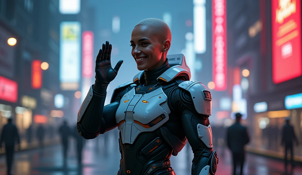 Keep the armor futuristic technology. You do NOT have to wear a helmet. I want it to be seen that he is a human person maintaining the futuristic work. Place it in a city with RTX neon highlights. The character must be facing forward with his hand waving, smiling. Make the image lighter and the background darker.