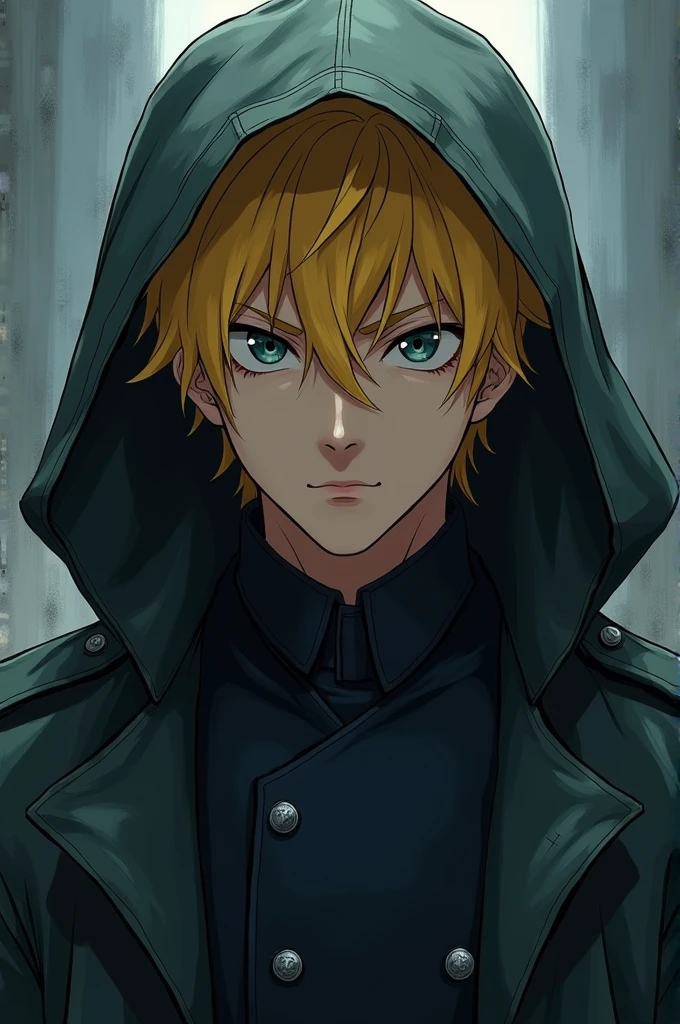 Anime male with yellow hair and a dark military uniform and hooded raincoat