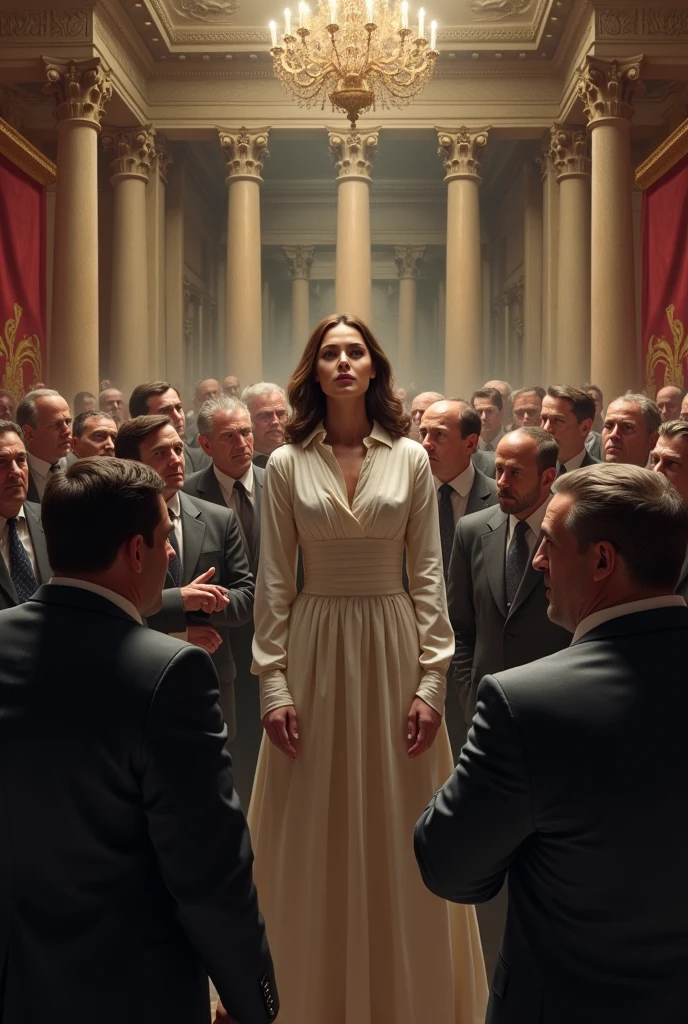 Lady surrounded by men debating