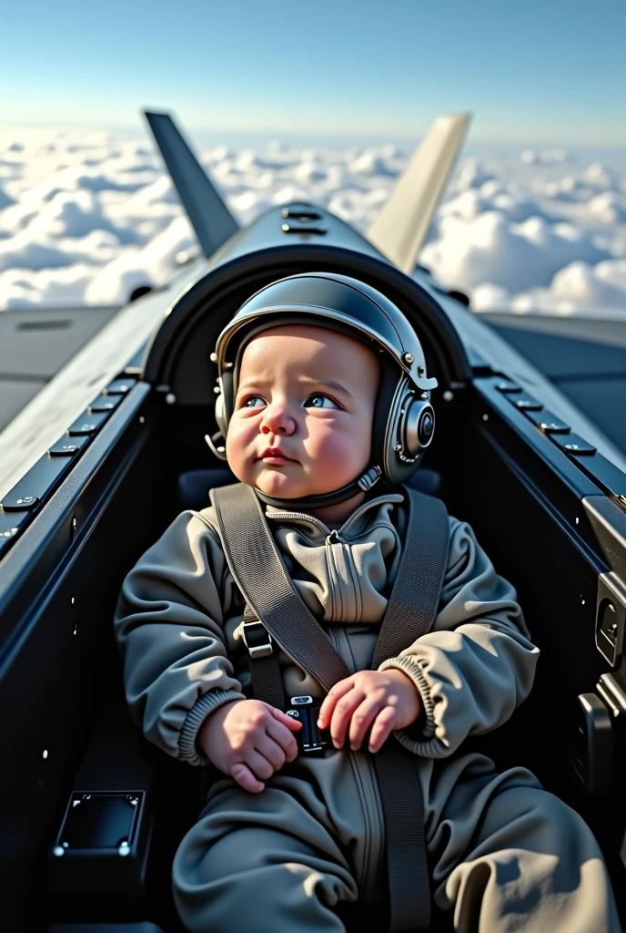 Newborn wearing a fighter pilot suit flying an F-35 aircraft. A photo from the cockpit of the aircraft, as real as in real life.