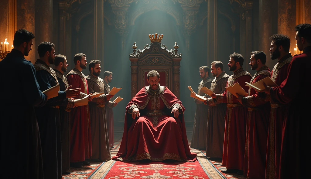 A dramatic and cinematic illustration depicting Edward III's envoys presenting their demands in the French court. The scene is set in a grand, shadowy hall with high, vaulted ceilings and ornate medieval architecture. Felipe VI sits on his elaborate throne, his expression one of visible irritation and tension, draped in regal, richly embroidered robes. His crown is slightly askew, symbolizing his displeasure. The envoys, in detailed period attire, stand before him with formal yet defiant postures, holding scrolls and documents. The atmosphere is heavy with a sense of impending conflict, accentuated by flickering torchlight and dark, moody colors. Intricate textures and dramatic lighting, characteristic of Edmund Blair Leighton's style, enhance the intensity of the diplomatic confrontation, underscoring the gravity of the demands and the volatile state of relations., Surrealism, Hyperrealism, UHD, retina, masterpiece, accurate, anatomically correct, textured skin, super detail, 16k