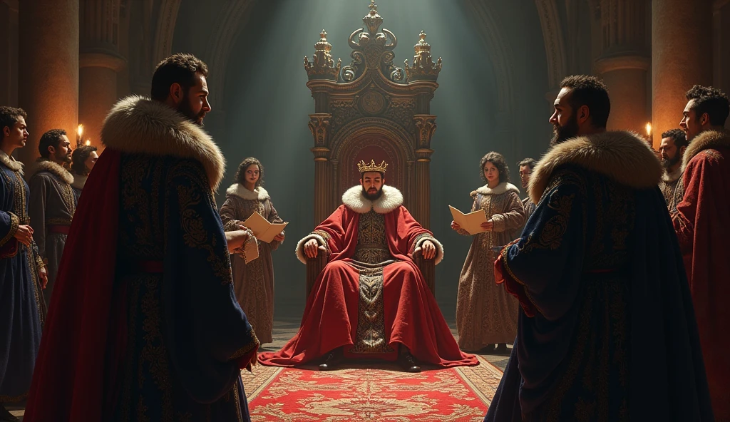 A dramatic and cinematic illustration depicting Edward III's envoys presenting their demands in the French court. The scene is set in a grand, shadowy hall with high, vaulted ceilings and ornate medieval architecture. Felipe VI sits on his elaborate throne, his expression one of visible irritation and tension, draped in regal, richly embroidered robes. His crown is slightly askew, symbolizing his displeasure. The envoys, in detailed period attire, stand before him with formal yet defiant postures, holding scrolls and documents. The atmosphere is heavy with a sense of impending conflict, accentuated by flickering torchlight and dark, moody colors. Intricate textures and dramatic lighting, characteristic of Edmund Blair Leighton's style, enhance the intensity of the diplomatic confrontation, underscoring the gravity of the demands and the volatile state of relations., Surrealism, Hyperrealism, UHD, retina, masterpiece, accurate, anatomically correct, textured skin, super detail, 16k