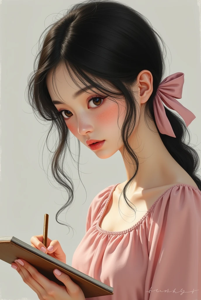 I want a realistic portrait about a pretty woman who is drawing, dresses in pink and wears a pink bow in her black hair that reaches her shoulders. She has bangs and freckles, large dark eyes, light skin, a thin face and expressive gaze.