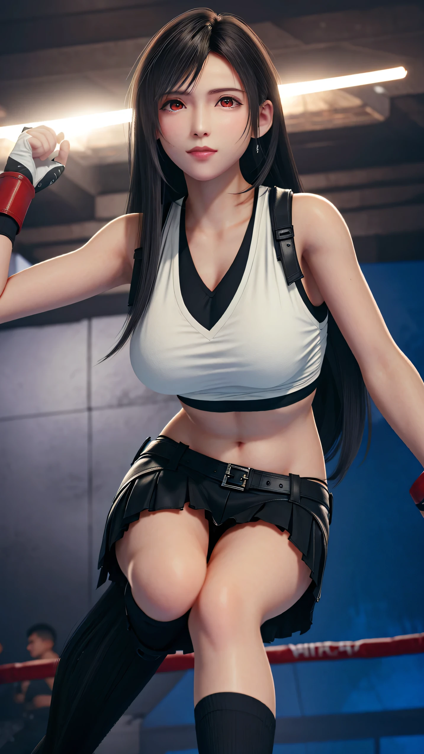 8k,masterpiece, Highest quality,big breast, (1 person:1.5), Tifa Lockhart, red_eye, Black Hair, Long Hair, Professional Lighting, (Glowing Skin: 1.2), shiny sweat, ((Highest quality)), Sharp focus: 1.2, Highly detailed face and skin texture, detailed eye, Perfect Face, Perfect body, CG, Huge Breasts, before (Age 25, Mature, cool and beautiful face), (on MMA Arena :1.5), (wearing MMA uniform:1.5, white tops and black bottoms:1.3), thigh, belly button,Fighter,glaring,(Look At View:1.2),From below,Full body, Dynamic Angle,