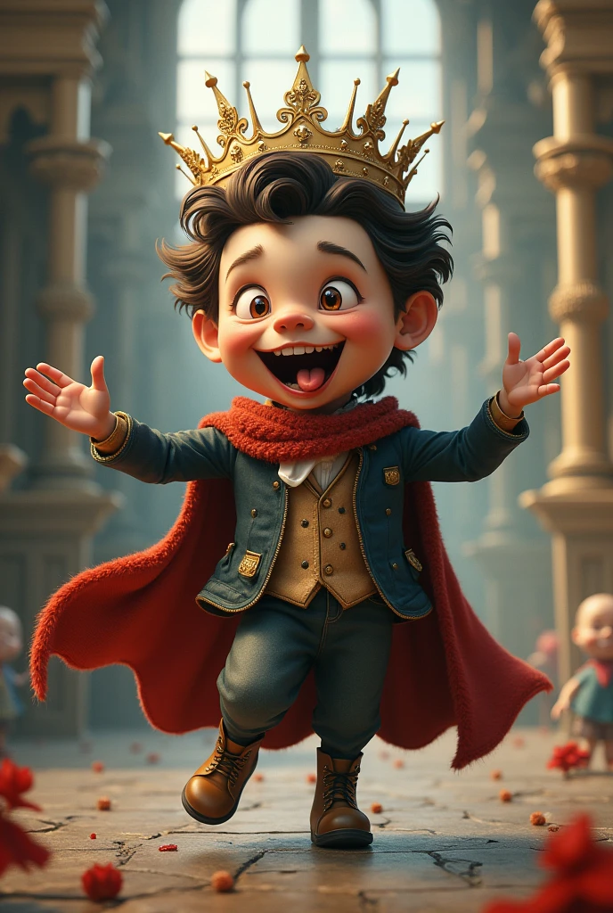 crazy king, Youngh, with crown, cross-eyed, cloused mouth, showing the tongue, dancing, castle in the background 