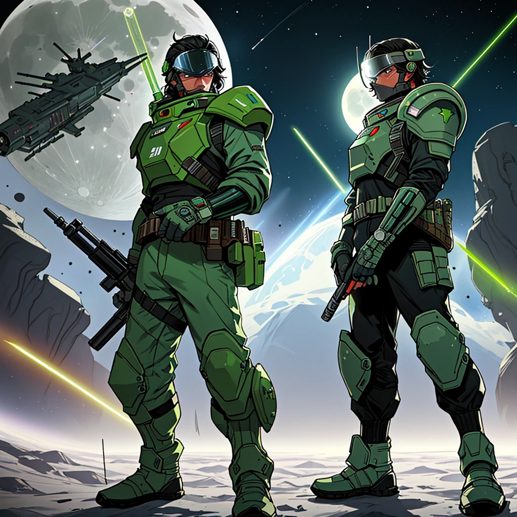 Space soldier, green visor, armor, rifle, moon in background, full helmet, laser sword, night,Masterpiece, Anatomically Correct, fighting, firing weapon, battle in background
