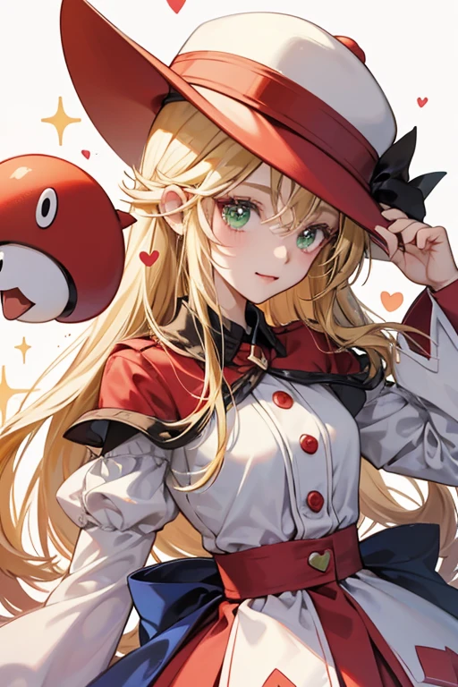 Amitie's most iconic feature is her red Puyo hat. While she is sometimes seen hat-less, she is almost always never without it. The hat's design underwent changes, but they all have the face of a Puyo. Under her hat, her hair is feathered and blonde, and she has green eyes. Hearts are a prominent feature in her design. SPARKLE; GLITTER