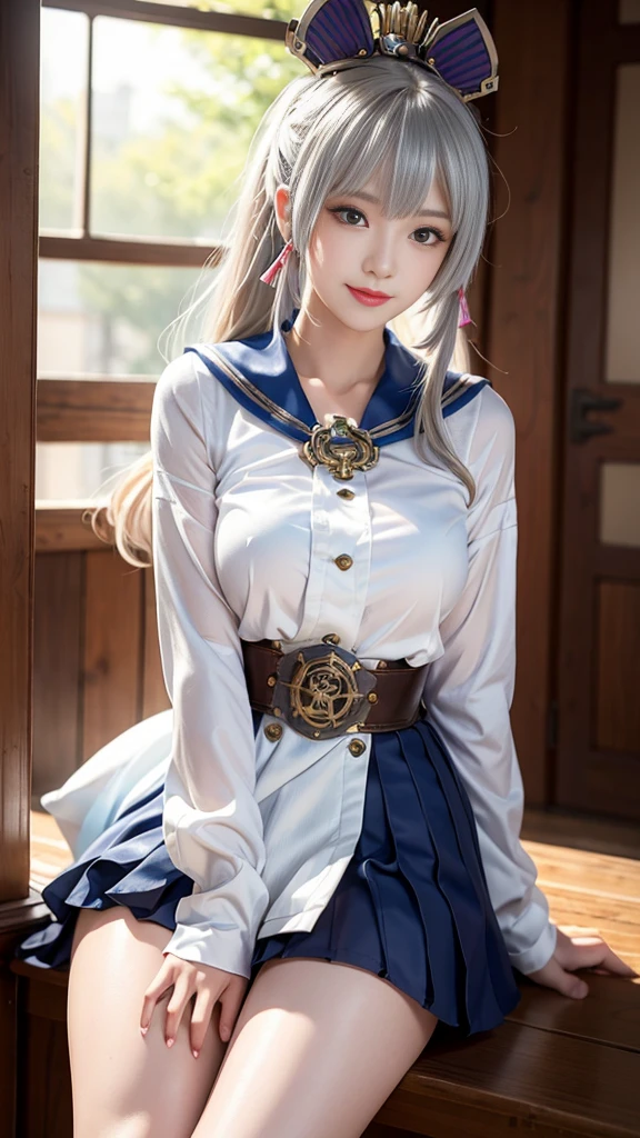 woman portrait、best quality、Random Angle、8K, Clear, Delicate skin、Clear, beautiful eyes、The beauty of a smile、明亮beauty的脸庞、whole body、curls、My hair was messed up by the wind、(Attractive muscle、High target),(fashionable_Predominant, fashionable Predominant), beauty,( Looking at the audience),Practical, high resolution, Soft Light,1 female, one person,Blonde Hair,Ponytail,Bangs,Delicate skin, Naughty look,((steampunk armor、Houndstooth)),Steampunk girl、An outfit adorned with lots of gear and watches,(Silver purple stripes,Lead sailor style armor)、beauty的蒸汽朋克公会职员服装银行家,(Silver purple machinery, High-tech mech,bead,Elbow gloves,gem,White dress shirt,Jeweled Short Tie,Steampunk body stockings,High Legs)、((Put your hands behind your back)),(Bokeh),(Studio Lighting)，Black leather skirt，Garter，