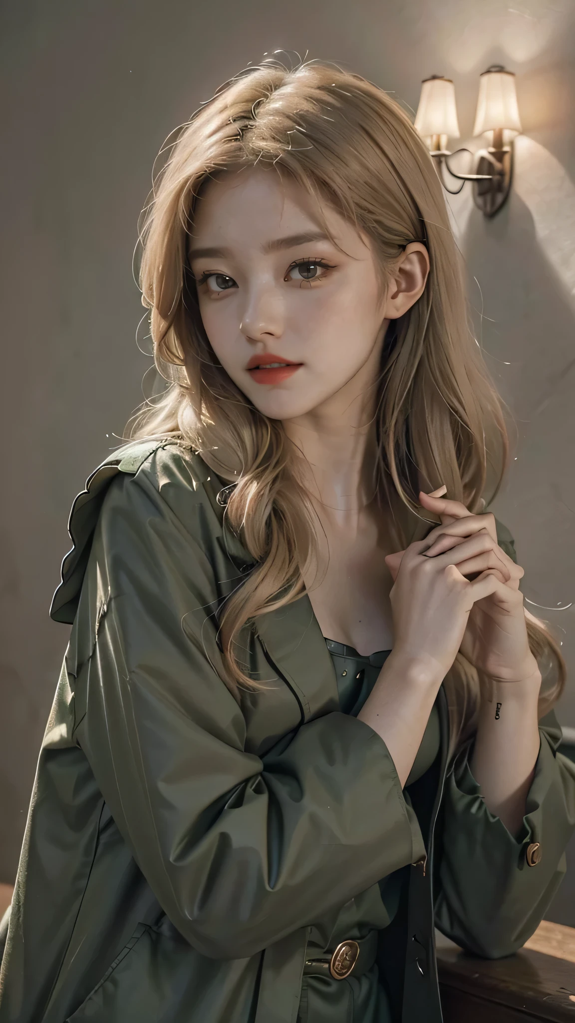 Girl wearing, luxury green coat, shoulder length hair, wavy hair, glowing skin, star in eye, red lips, grey background, cute poses, upper body, light blonde hair.