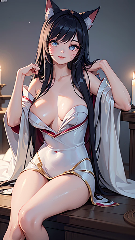 (best quality,ultra-detailed,realistic:1.37),Ahri,spa,luxurious,relaxing atmosphere,beautiful detailed eyes,beautiful detailed lips,smiling,bathrobe,sitting upright,black hair,nine white tails,peaceful background,portraits,vivid colors,soft lighting,tranquil ambiance, bare breasts