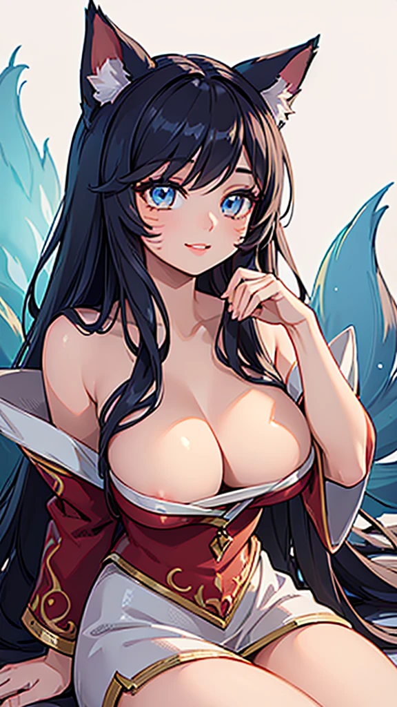 (best quality,ultra-detailed,realistic:1.37),Ahri,spa,luxurious,relaxing atmosphere,beautiful detailed eyes,beautiful detailed lips,smiling,bathrobe,sitting upright,black hair,nine white tails,peaceful background,portraits,vivid colors,soft lighting,tranquil ambiance, bare breasts