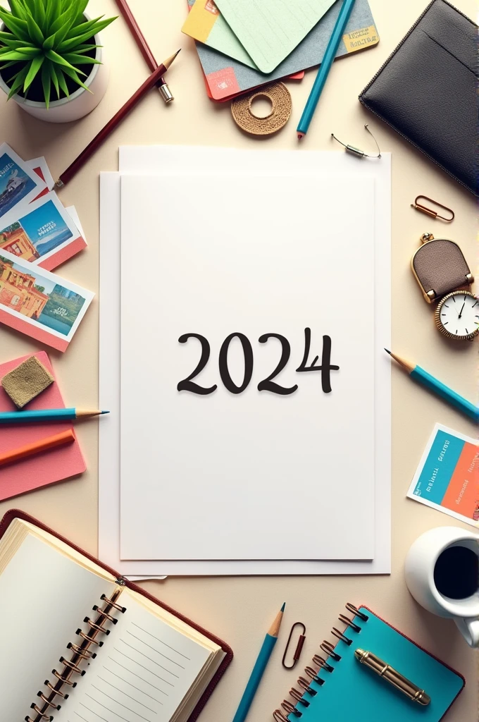 I need an image that contains, pencils, clips, note sheets, a crochet tablet, a glass, a wallet a wristwatch, postcards an open book, jw. org, and that in the middle of everything it has written Meeting of Regular and Auxiliary Pioneers 2024