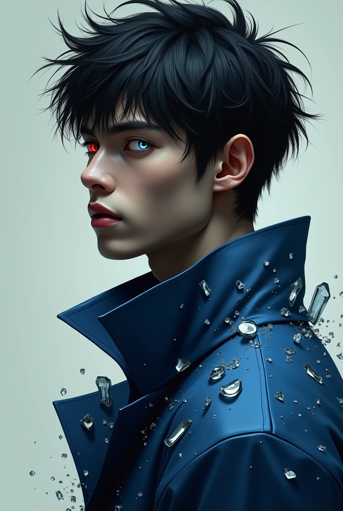 A young man with dark skin and spiky black hair,one white eye and one red,a blue overcoat and shards of glass wrapped around it
