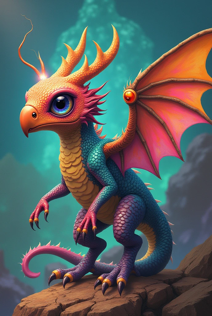 Create a colorful dragon with hawk wings, seal tail, cockroach paws, elephant head, penguin mouth, mosquito eye