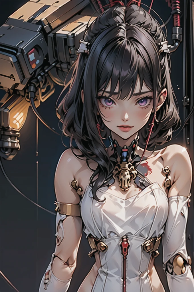 junkotvv, (((masterpiece)))), (((the highest quality)))), ((Ultra Definition)), (Very detailed photoreality), ((very delicate and beautiful)), (Delicate and pretty face), cinematic light, (((1 girl)), only, Whole body, big, The neckline is visible on the skin, cana, purple eyes, bright Eyes, Thighs exposed skin, (mechanical joints: 1.4), (mechanical limbs)), ( Blood Vessels Attached to Tubes), (((Machine vertebrae attached to the back)), ((Cervical vertebrae of machines) attached to the neck)), (((Session)), expressionless, (Wires and cables attached to the head and body: 1.5), (Character focus), Small LED lamps on the body., evangelion, sf, metal, metal body, detailed neon, hydraulic cylinder