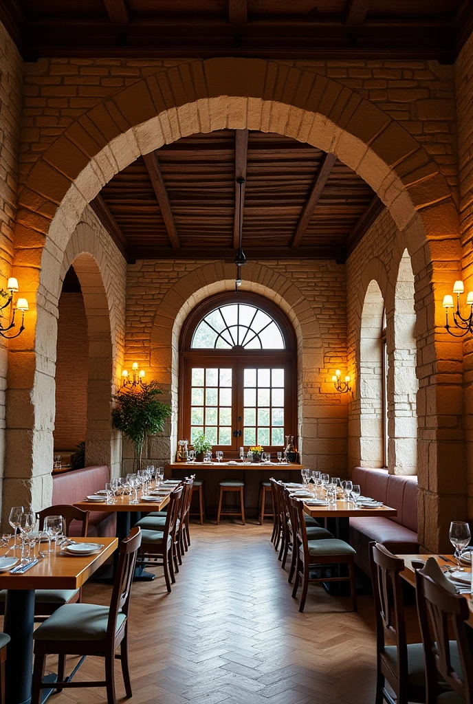 Make me a restaurant that includes stone arches, High ceilings with exposed wood beams and exposed brick walls. 
