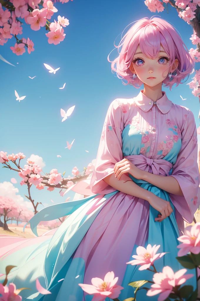 Pink and light blue dreamy hair Wave Shorthair Purple Eyes beautiful girl beautiful Pastel colored clothes Flower Hair Ornaments Fluttering Hair