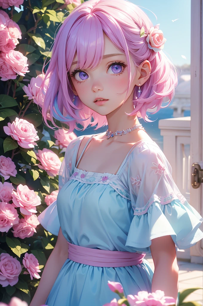 Pink and light blue dreamy hair Wave Shorthair Purple Eyes beautiful girl beautiful Pastel colored clothes Flower Hair Ornaments Fluttering Hair