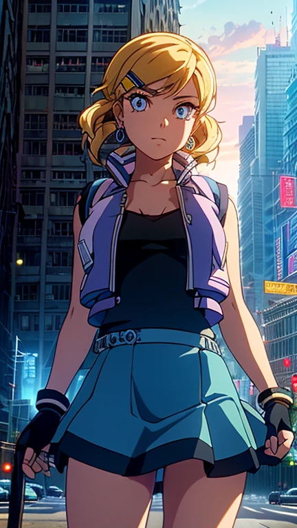 (Teens:1girl: ppgzbb), (extremely detailed CG unit 8k wallpaper),(master part), (best quality), (ultra detail), (best illustration),(city-scene-aso), cowboy shot, (Sharp eyeliner, ombre, detailed eyes:1), night, cyberpunk city, outdoor, ,break , (Ghost In The Shell 1995), upper body, blue eyes, blonde hair, twin drills, hairclip, earrings, vest, blue skirt, short skirt