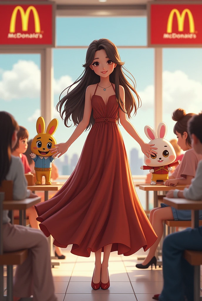 Create an image where a  WITH a brunette dress and black hair is at McDonald&#39;s with the BT21