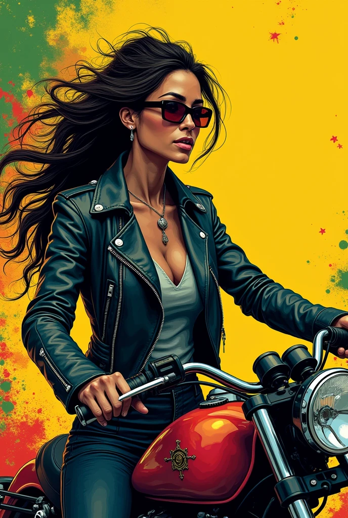 woman biker yellow red green and black rasta drawing in side position
