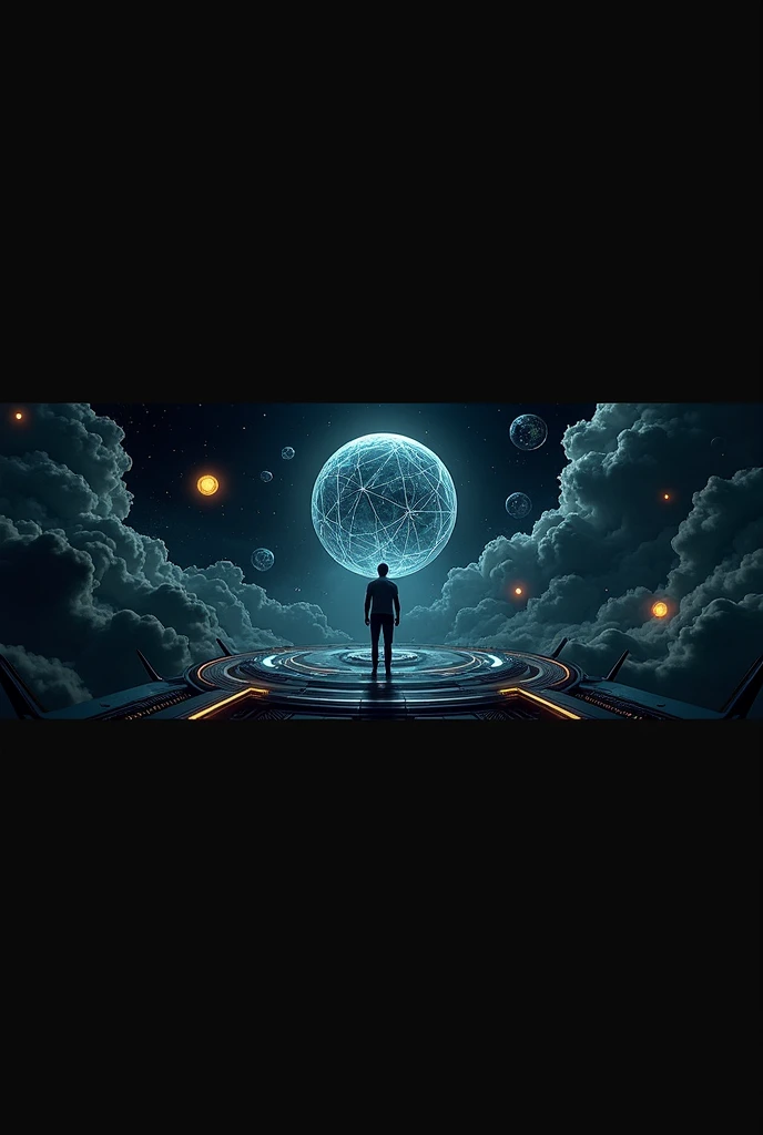 The scene features a large, spherical, translucent structure at the center, resembling a force field or a holographic interface. The sphere is composed of intricate geometric patterns, with floating, atomic-like structures orbiting around it. The background is filled with swirling, nebulous clouds of blue and teal hues, giving a sense of vastness and deep space.
A lone figure, possibly human, stands on a platform in the foreground, facing the sphere. The platform has a technological design, with circuits and glowing elements, adding to the futuristic atmosphere. Other elements of the structure, like machinery or consoles, are visible around the platform, contributing to the sci-fi aesthetic.

The overall mood of the image is mysterious and awe-inspiring, evoking themes of exploration, advanced technology, or cosmic phenomena.